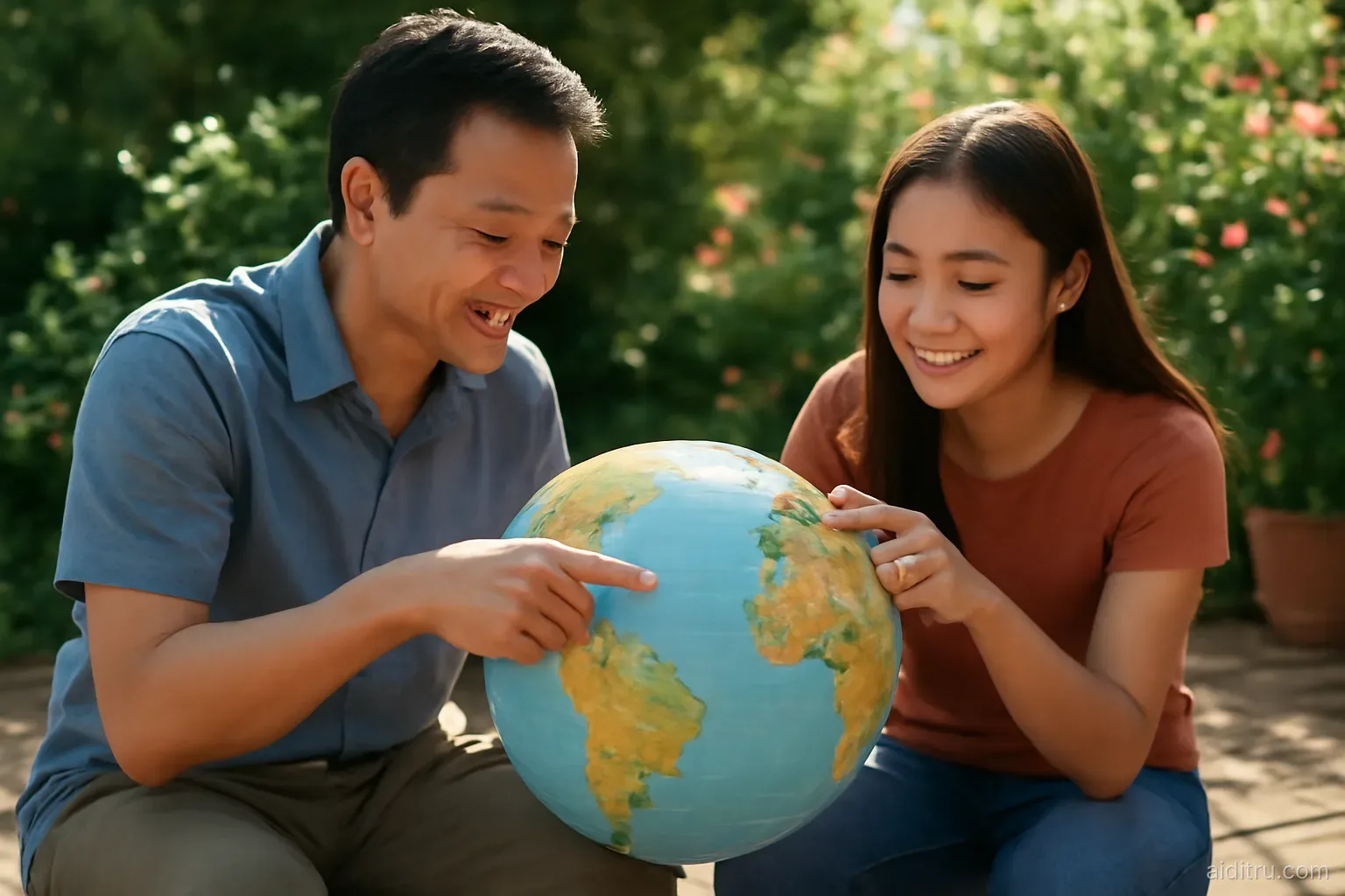 An Asian father and teenage daughter sitting on a sunny garden terrace with a large paper world globe between them, pointing at different continents, warm morning light, bright vivid colors, sunny
