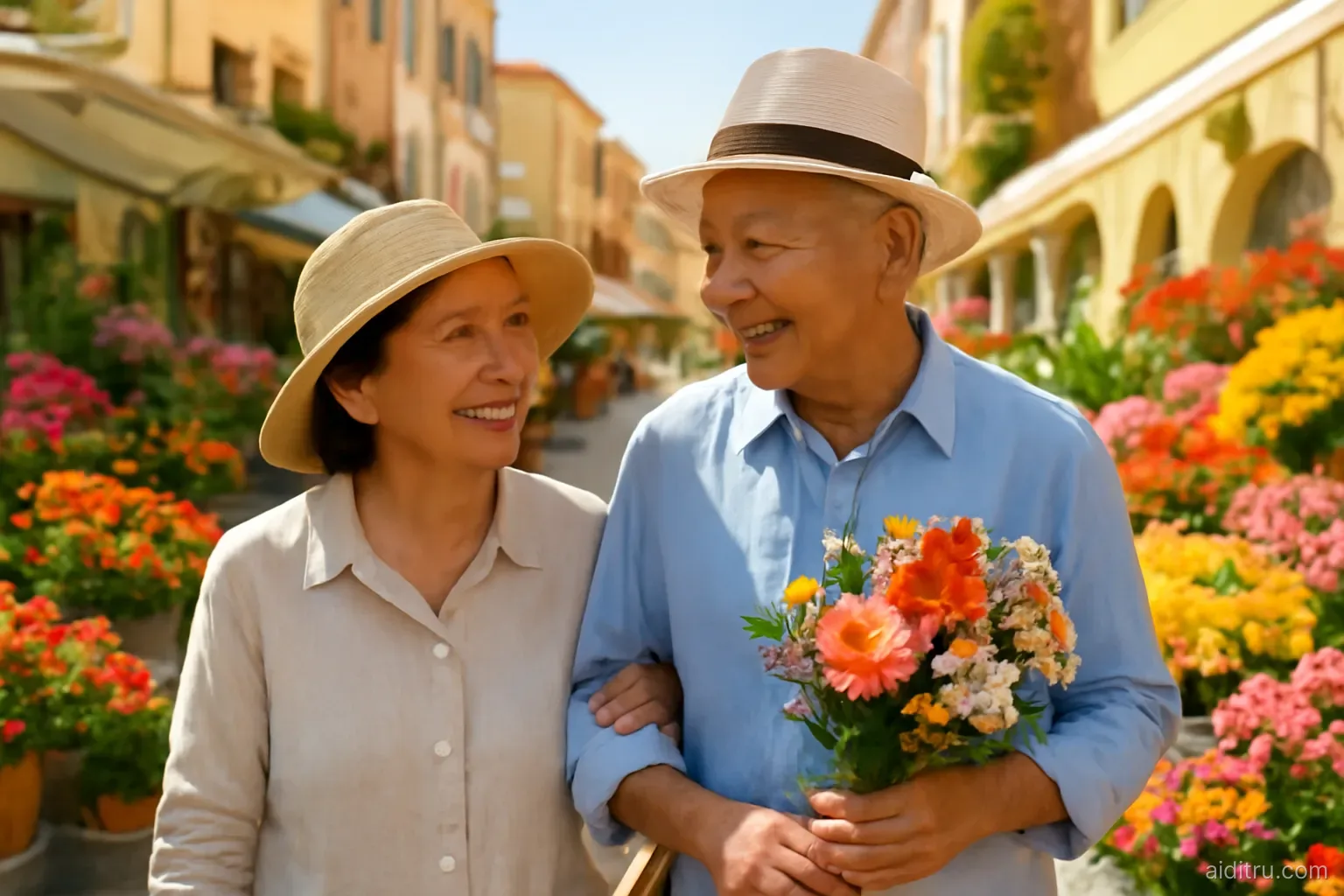 A smiling elderly Vietnamese couple in sun hats strolling through a colorful flower market in a sunny Mediterranean town, the husband holding a bouquet, eye-level shot, bright vivid colors, sunny