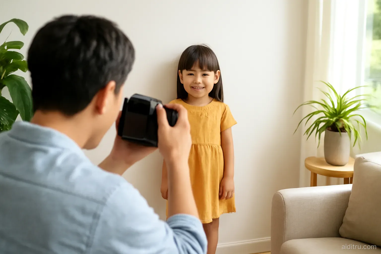 An Asian father photographing his young daughter against a plain white wall in a bright living room with plants, over-the-shoulder view, bright vivid colors, sunny