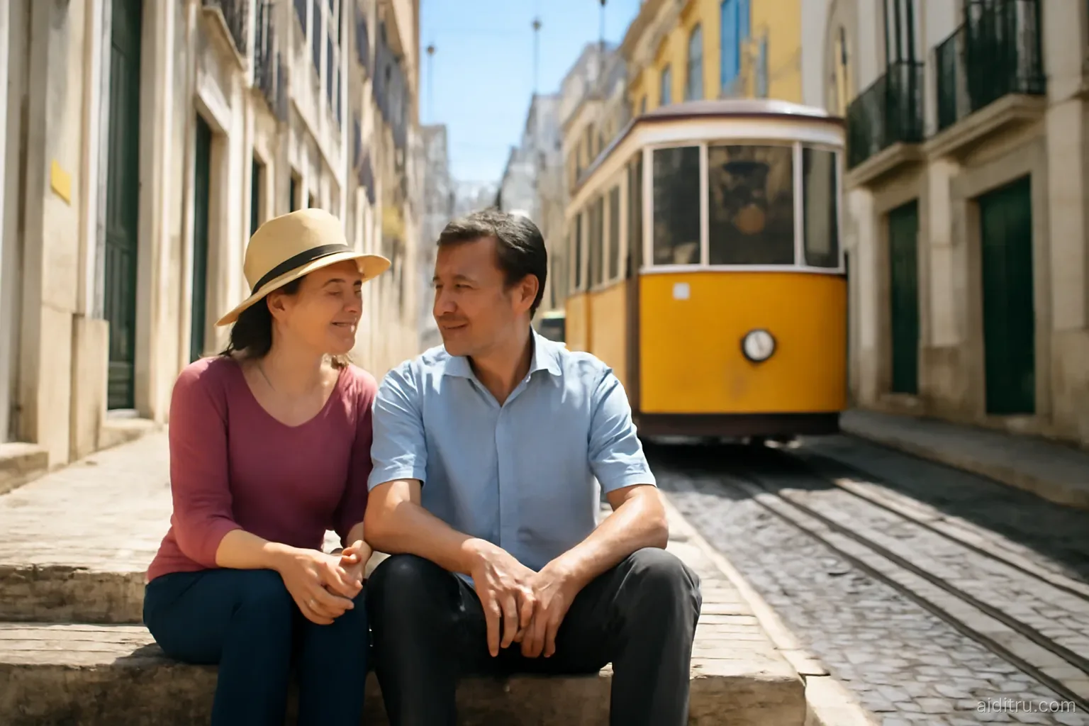 A Vietnamese couple in their fifties sitting on old stone steps of a Lisbon hillside street as a yellow tram passes, wide shot, bright vivid colors, sunny