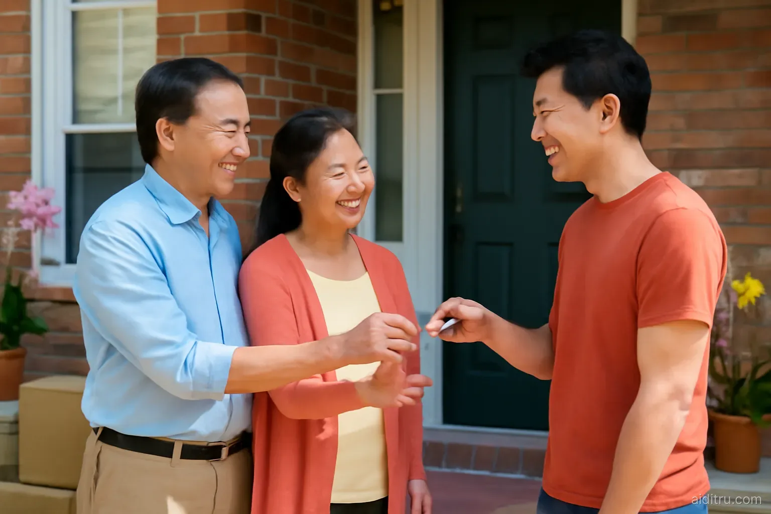 A Vietnamese couple in their fifties handing house keys to a smiling young neighbor on the sunny front porch of a tiled townhouse with potted orchids, moving boxes stacked beside the door, medium shot, bright vivid colors, sunny