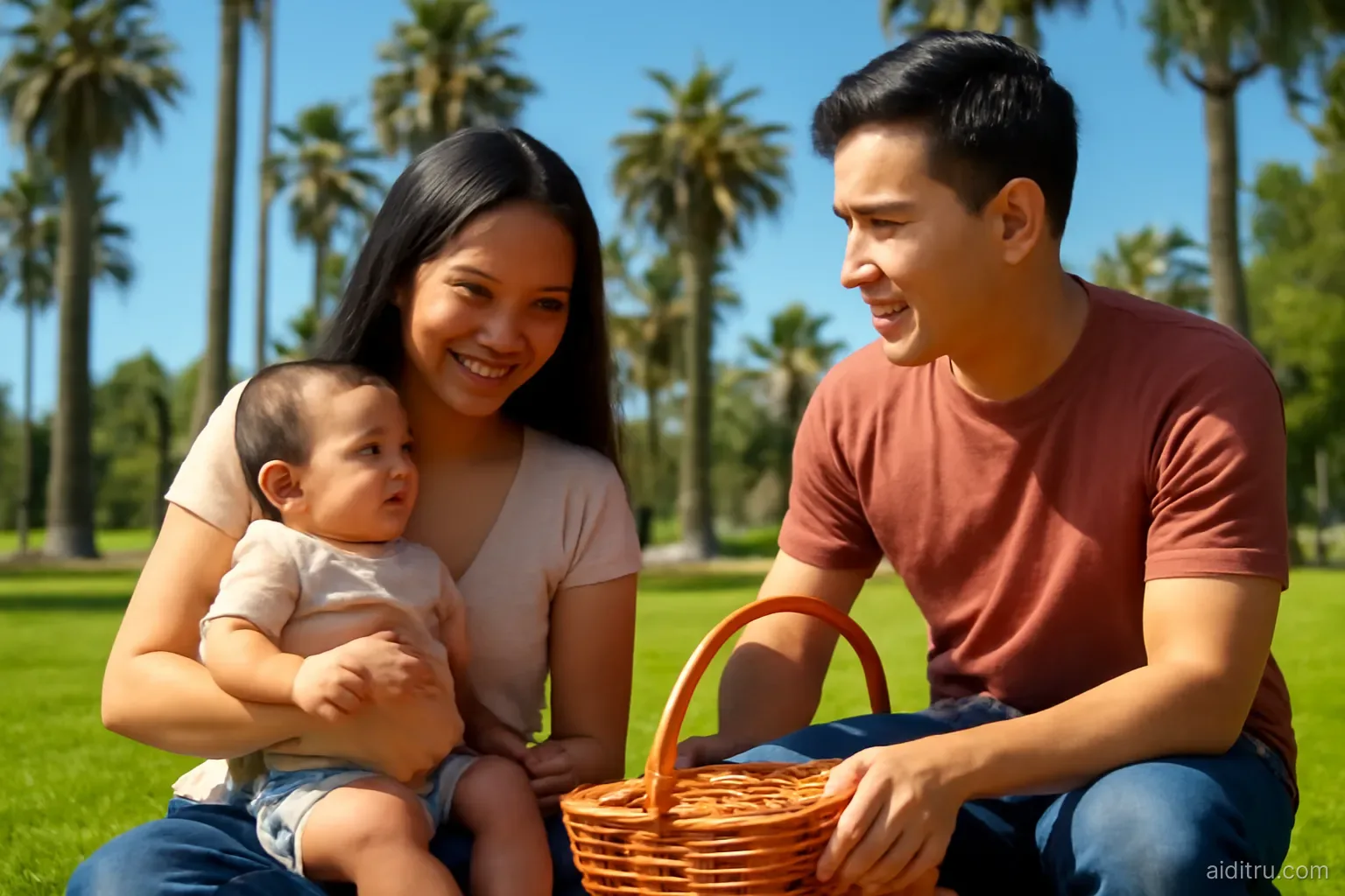 A young Vietnamese mother holding her baby on a sunny lawn in a California park with tall palm trees, the father kneeling beside them with a picnic basket, close medium shot at eye level, bright vivid colors, sunny