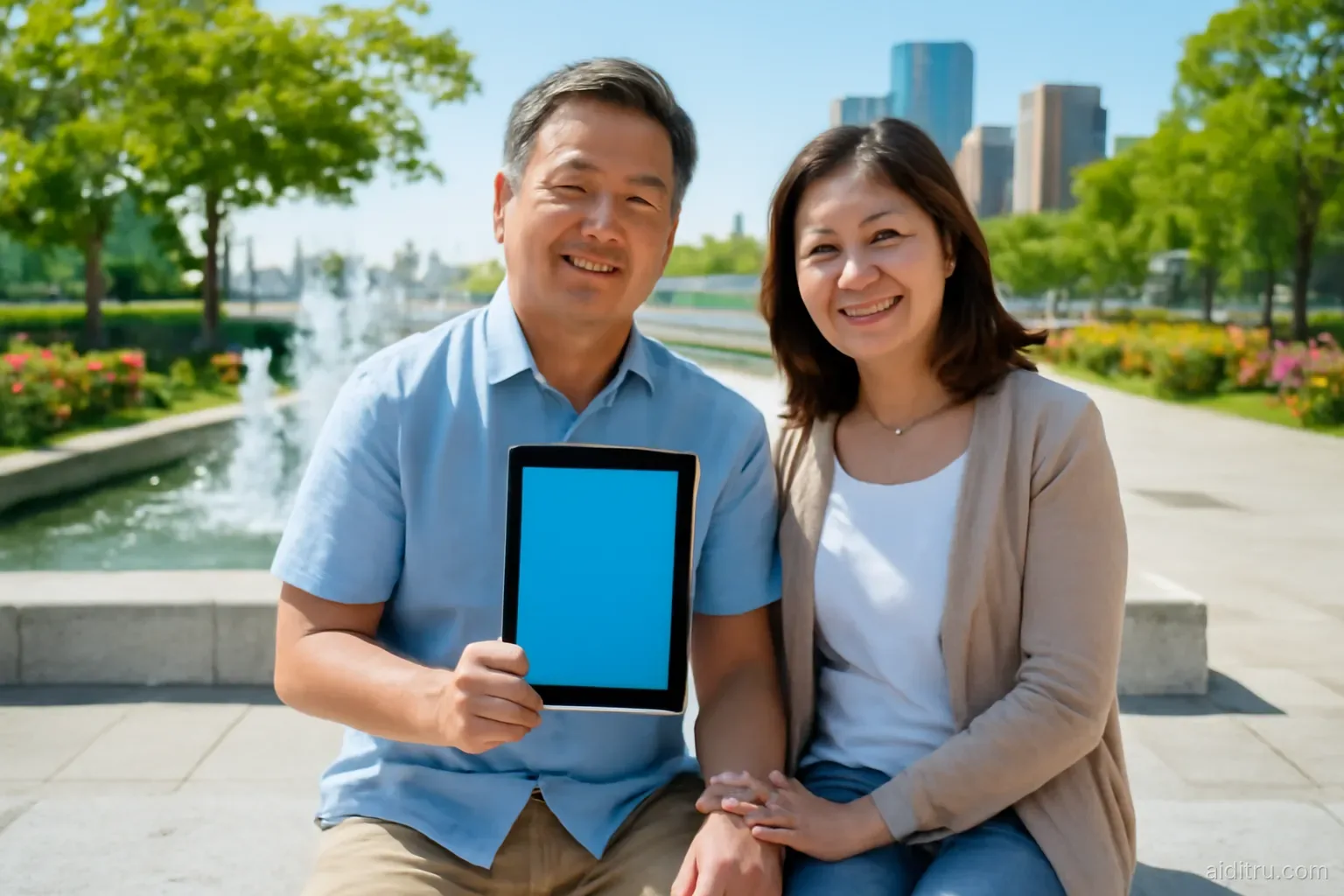An Asian couple sitting on a sunny marble bench beside a modern fountain in a bright garden plaza of a waterfront city, the husband holding a tablet showing only a blank blue screen, wide eye-level shot, bright vivid colors, sunny