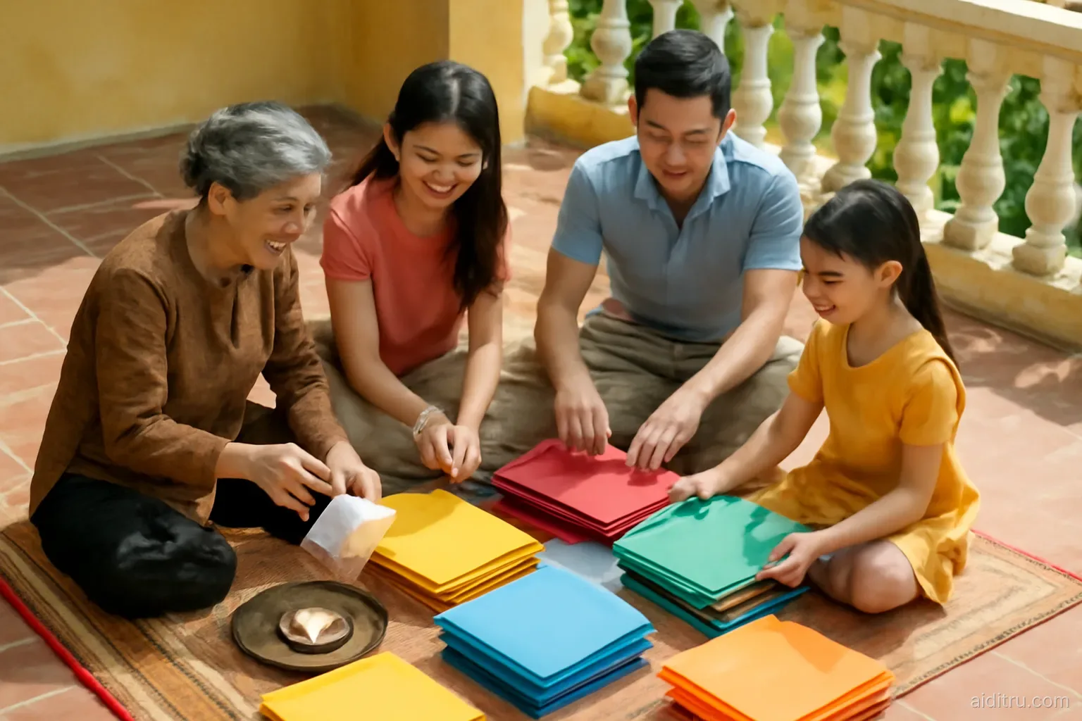 A Vietnamese family of four sitting on a woven mat on a breezy tiled veranda, sorting colorful blank folders into piles while a grandmother pours tea, high angle shot, bright vivid colors, sunny
