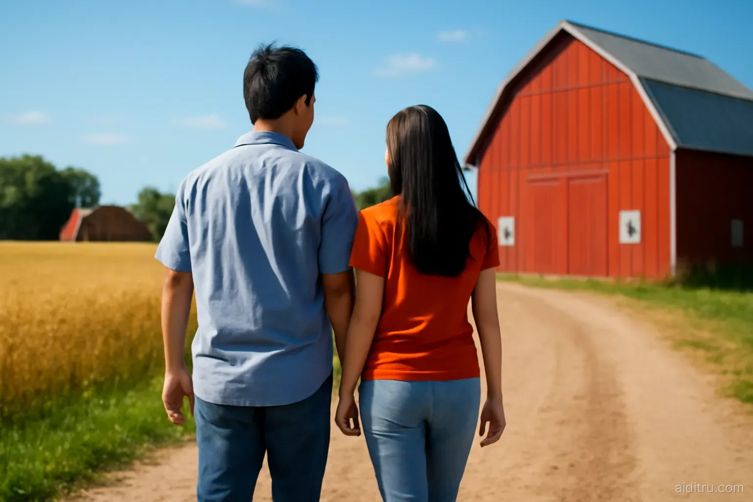 A Vietnamese father and teenage daughter walking past red barns and golden wheat fields on a Midwestern farm, wide shot from behind, bright vivid colors, sunny