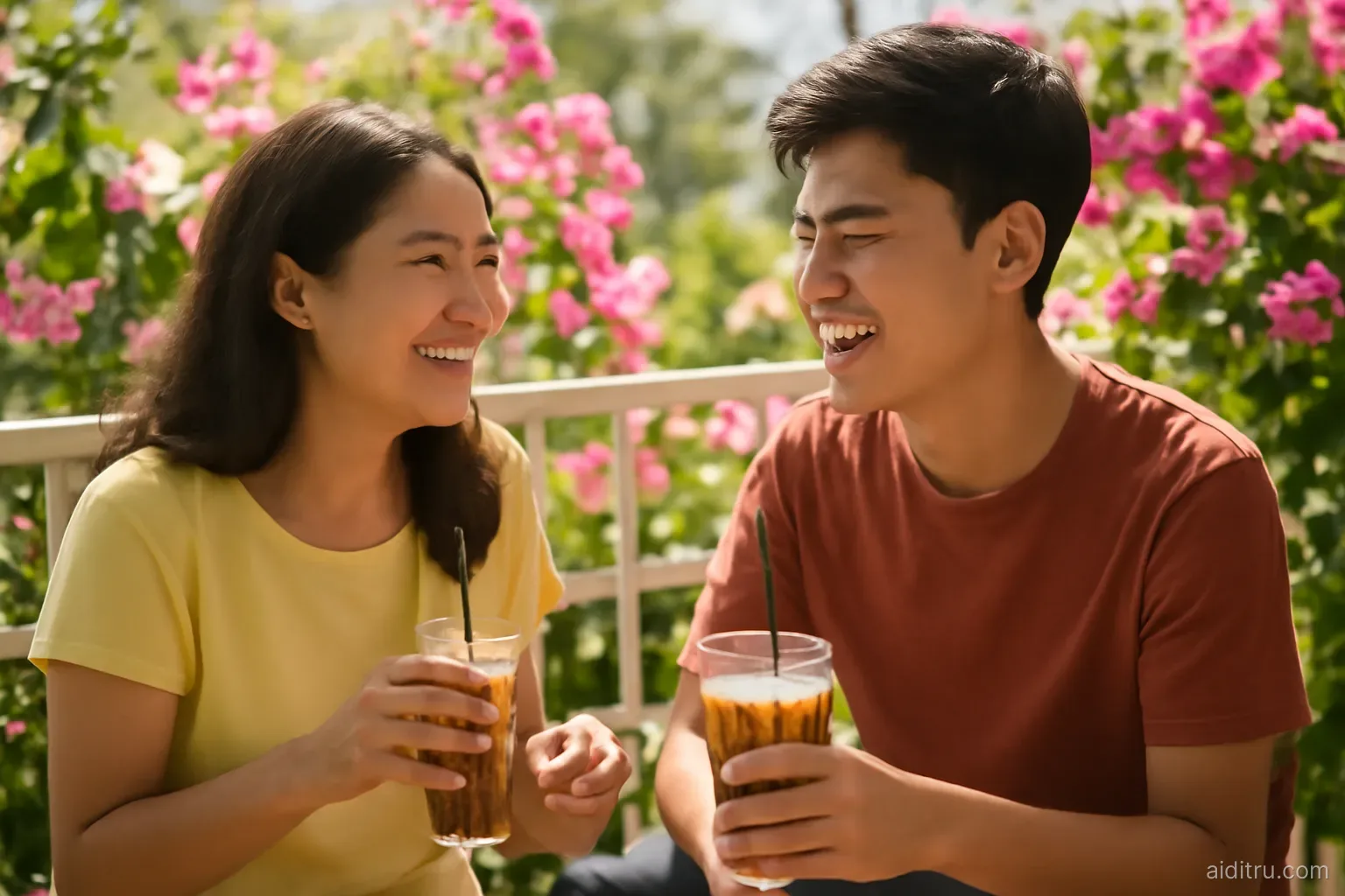 A Vietnamese mother and teenage son on a sunny balcony full of bougainvillea, sharing iced coffee and laughing, over-the-shoulder angle, bright vivid colors, sunny