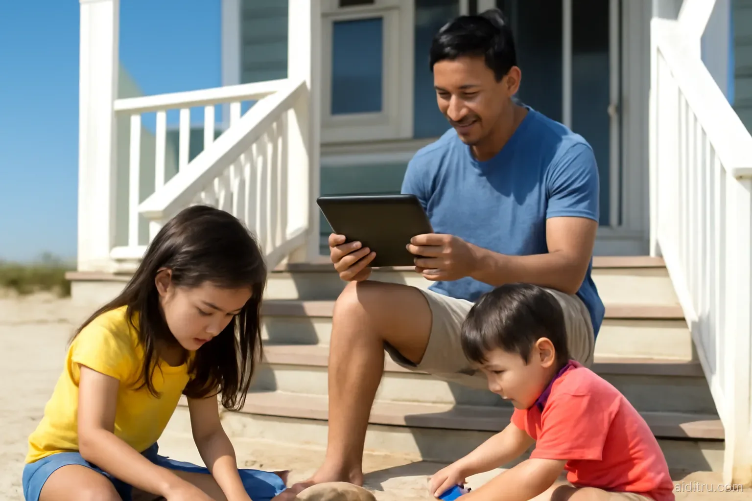 A young Asian father on the steps of a beach house porch holding a tablet while his two kids play in the sand, side angle, bright vivid colors, sunny