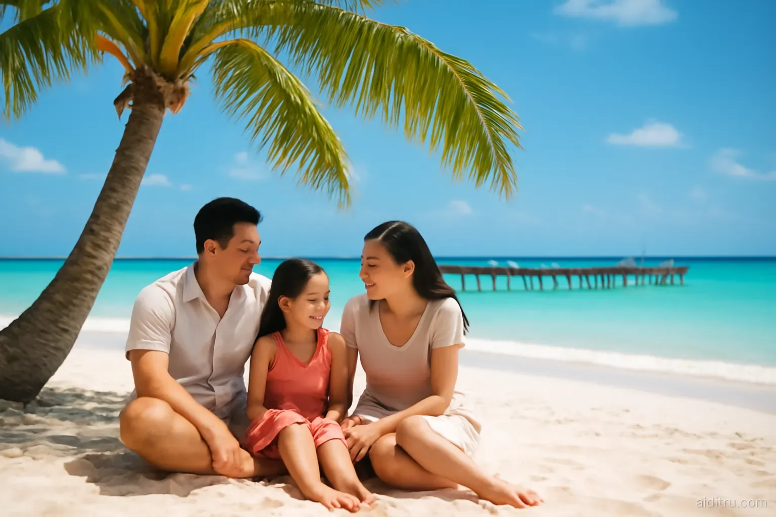 A Vietnamese family of three relaxing under a palm tree on a white sand Caribbean beach beside a wooden pier, eye-level wide shot, bright vivid colors, sunny