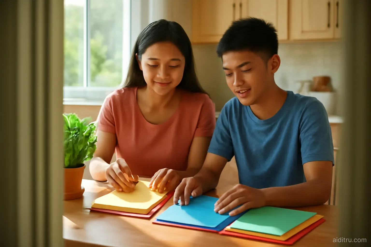 A Vietnamese mother and teenage son sorting colorful folders on a sunlit kitchen table beside potted basil, view from the doorway, bright vivid colors, sunny