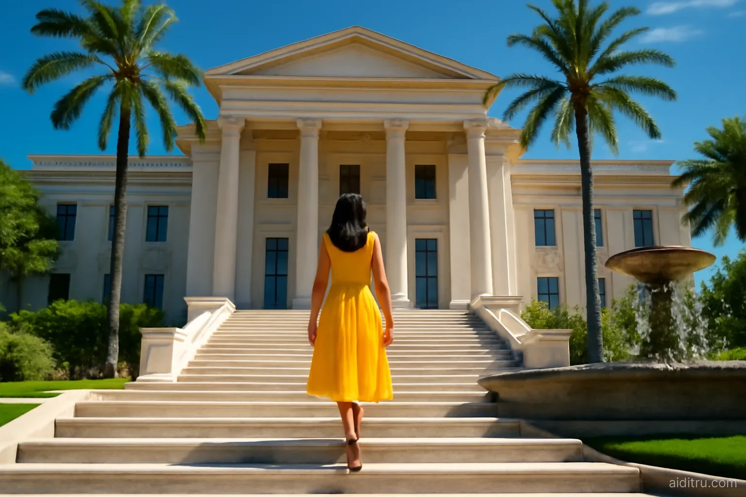 An Asian woman in a bright yellow dress walking up the white stone steps of a sunlit colonial-style government building with tall palm trees and a fountain, seen from below at a wide angle, bright vivid colors, sunny