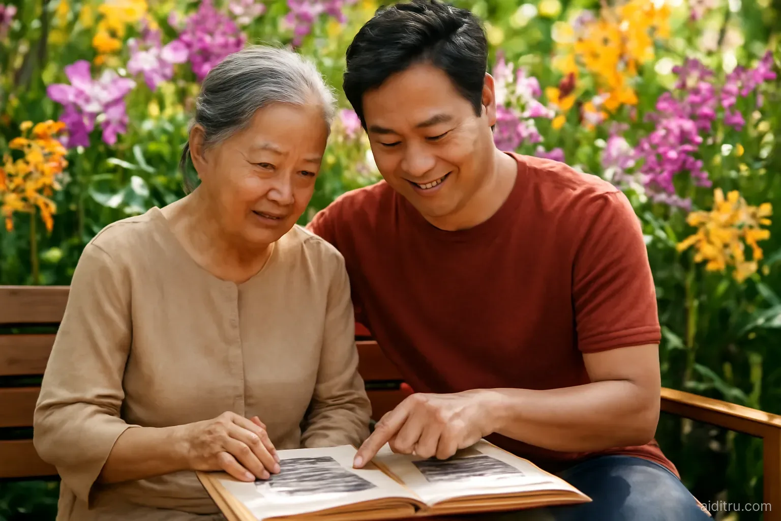 An elderly Vietnamese mother and her adult son looking through an old family photo album together on a sunlit wooden bench in a garden full of orchids, close medium shot, bright vivid colors, sunny