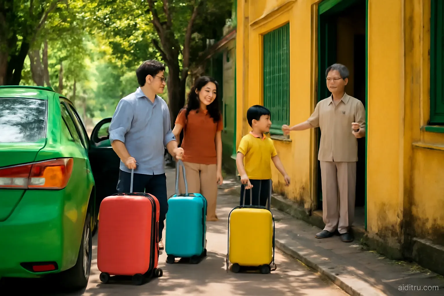 An Asian family pulling colorful suitcases out of a taxi in front of a narrow yellow tube house on a leafy Hanoi street, grandmother waiting at the door with open arms, street-level wide shot, bright vivid colors, sunny