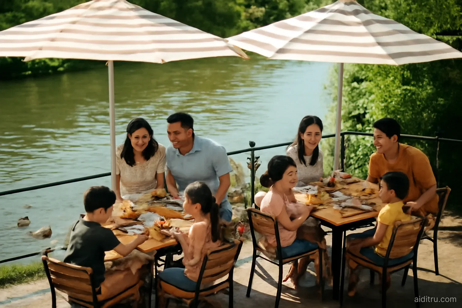 Two Asian families sharing a long lunch at a sunny riverside restaurant terrace under striped umbrellas, children feeding ducks at the water edge, wide shot from a footbridge above, bright vivid colors, sunny