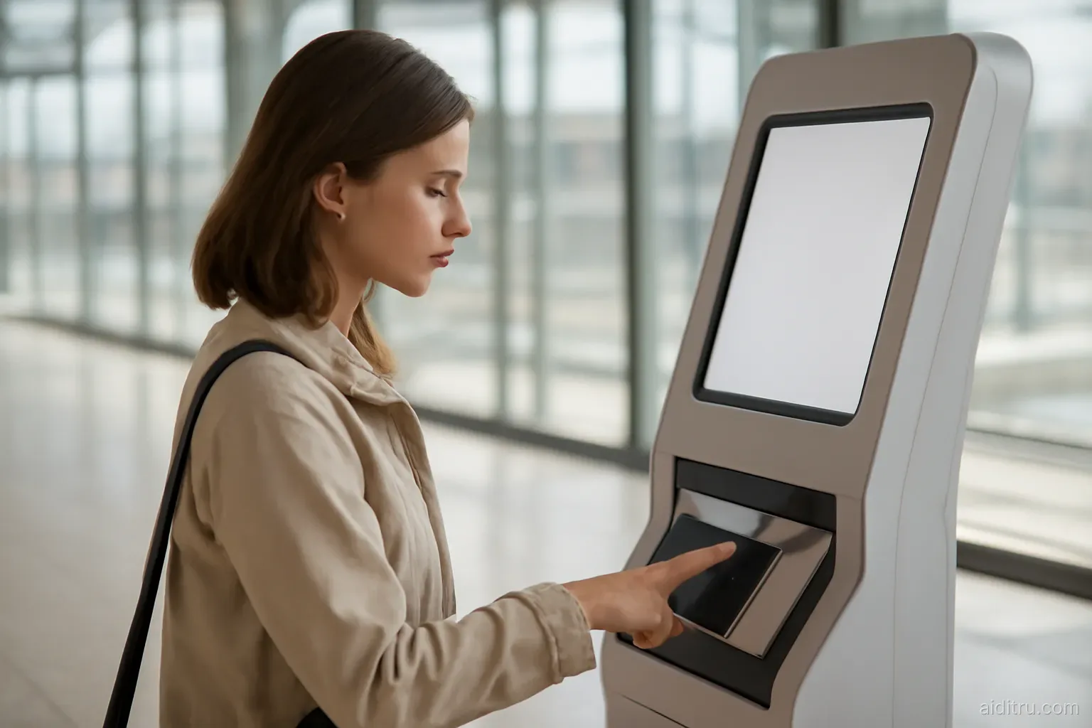 A traveler in a light jacket placing her finger on a fingerprint scanner at a bright modern European airport border kiosk, side view, glass walls and daylight