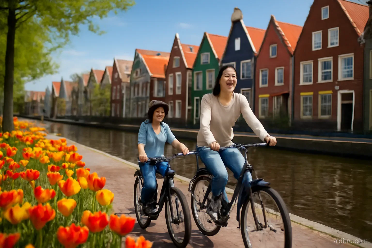 An Asian mother and her son cycling along a sunny canal path lined with tulips and colorful gabled houses in a European town, wide shot, bright vivid colors, sunny