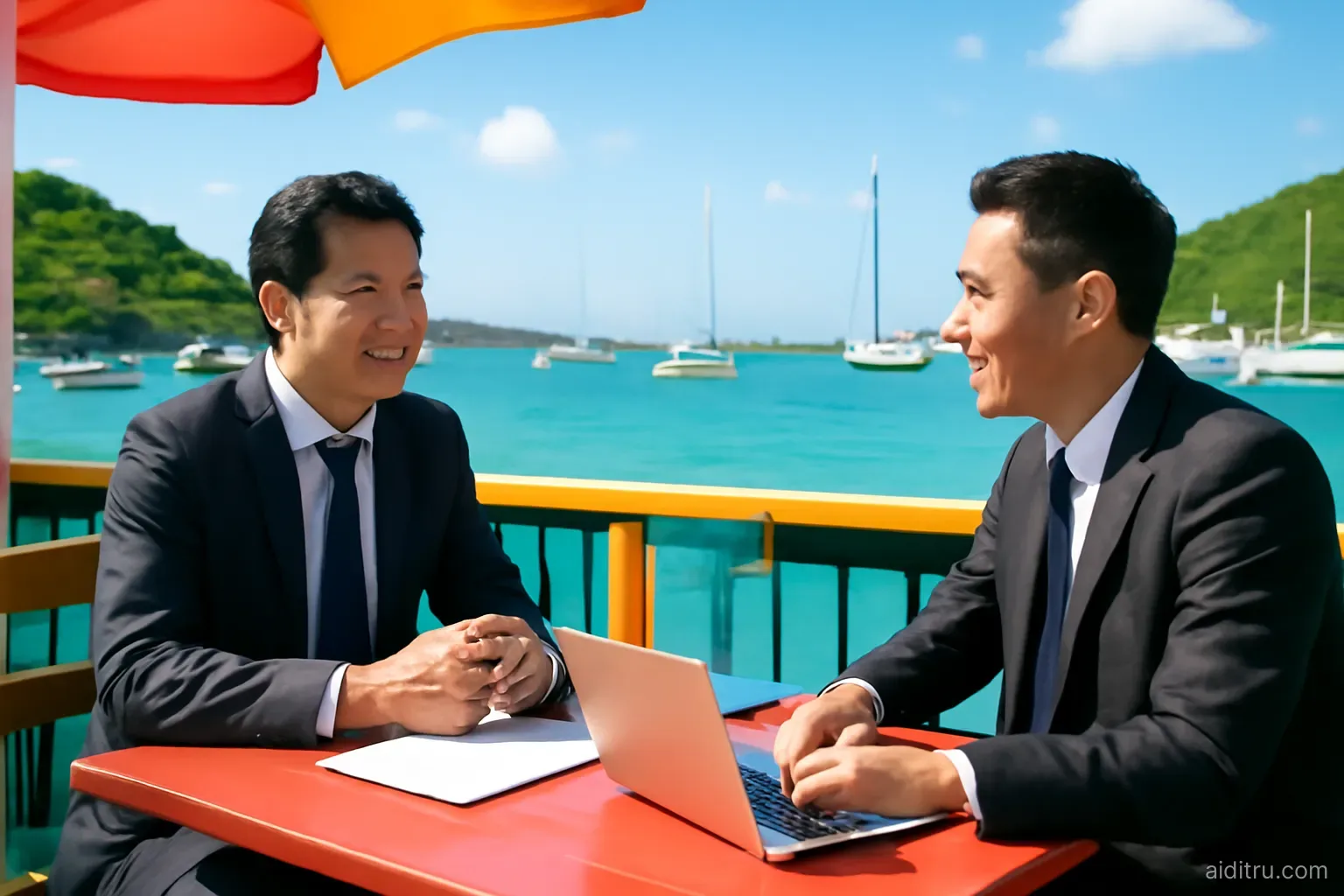 Two Asian business partners chatting at a colorful harbor cafe on a Caribbean island, sailboats and turquoise water behind them, eye-level shot, bright vivid colors, sunny