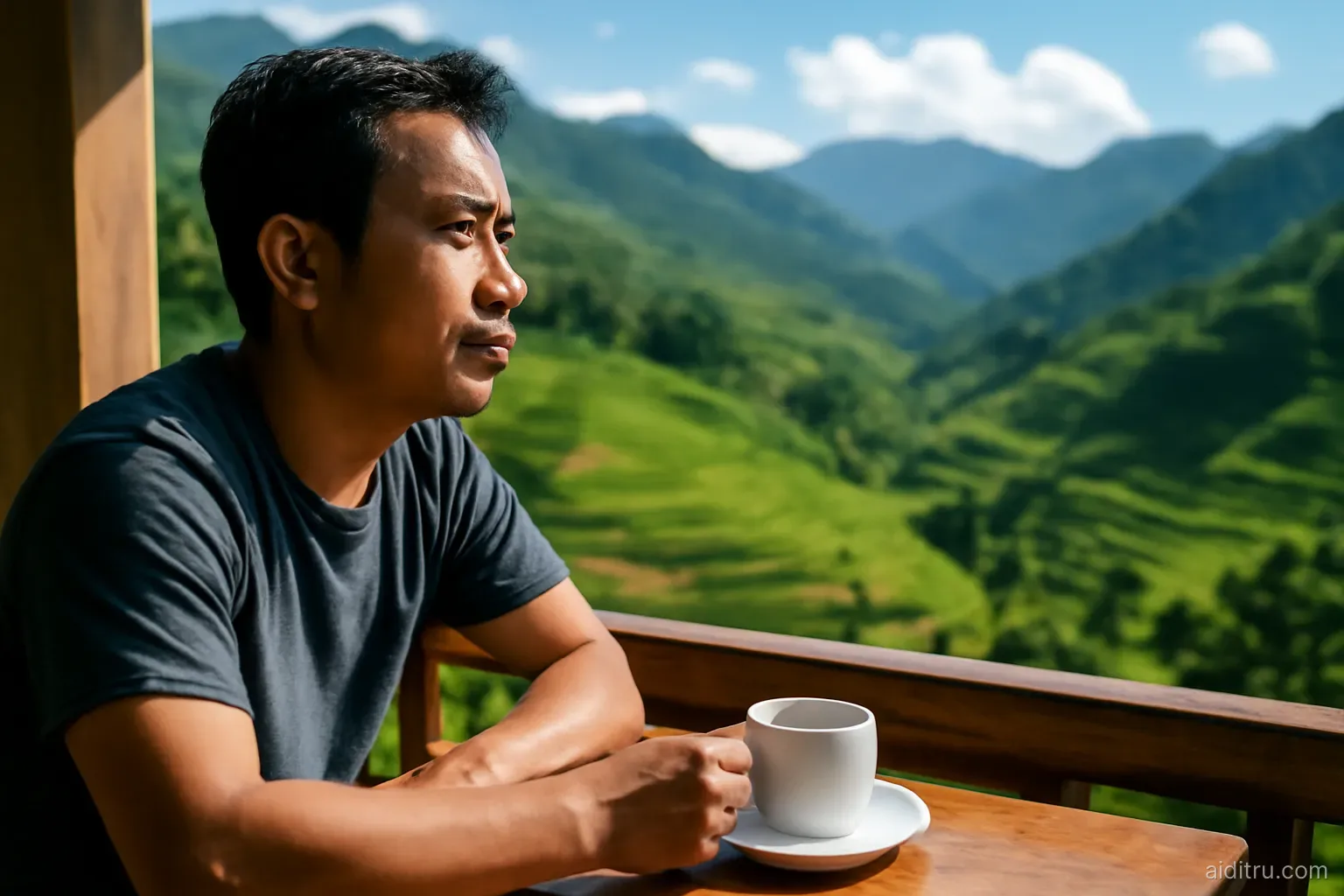 A thoughtful Vietnamese man in his forties sitting on a sunny wooden balcony with coffee, looking out over green rice terraces and mountains, side profile, bright vivid colors, sunny