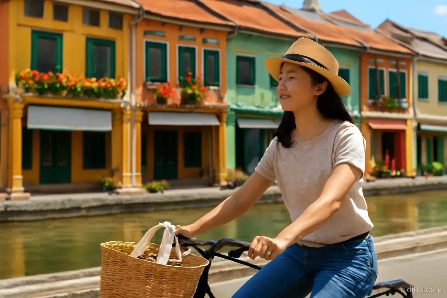 An Asian woman in a straw hat cycling past a sunny riverside row of colorful colonial-era buildings with flower boxes, a canvas tote bag in her basket, side tracking shot, bright vivid colors, sunny