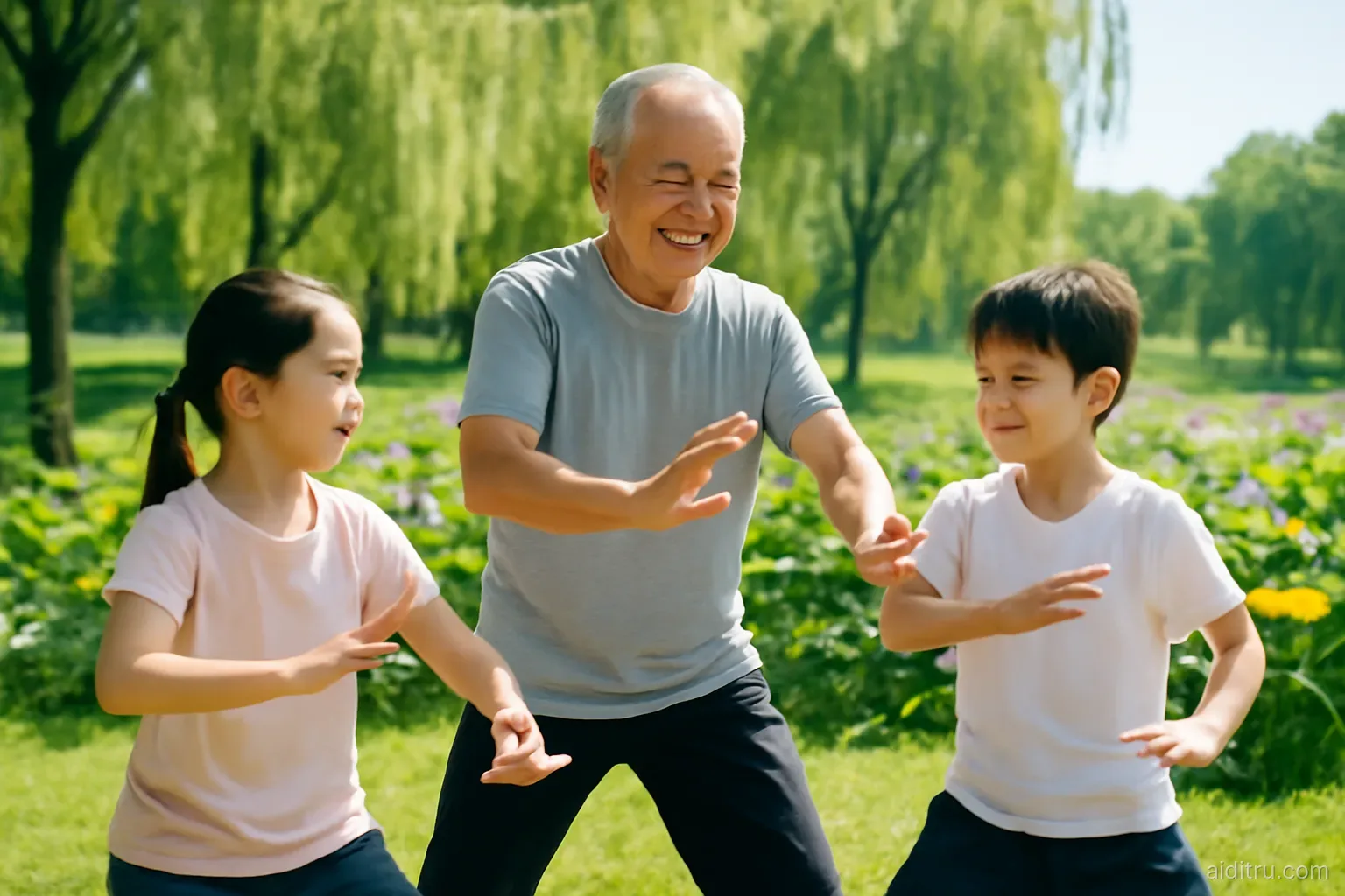 A smiling Vietnamese grandfather in sportswear doing morning tai chi with his grandchildren in a sunny lakeside park with lotus flowers and willow trees, wide shot, bright vivid colors, sunny