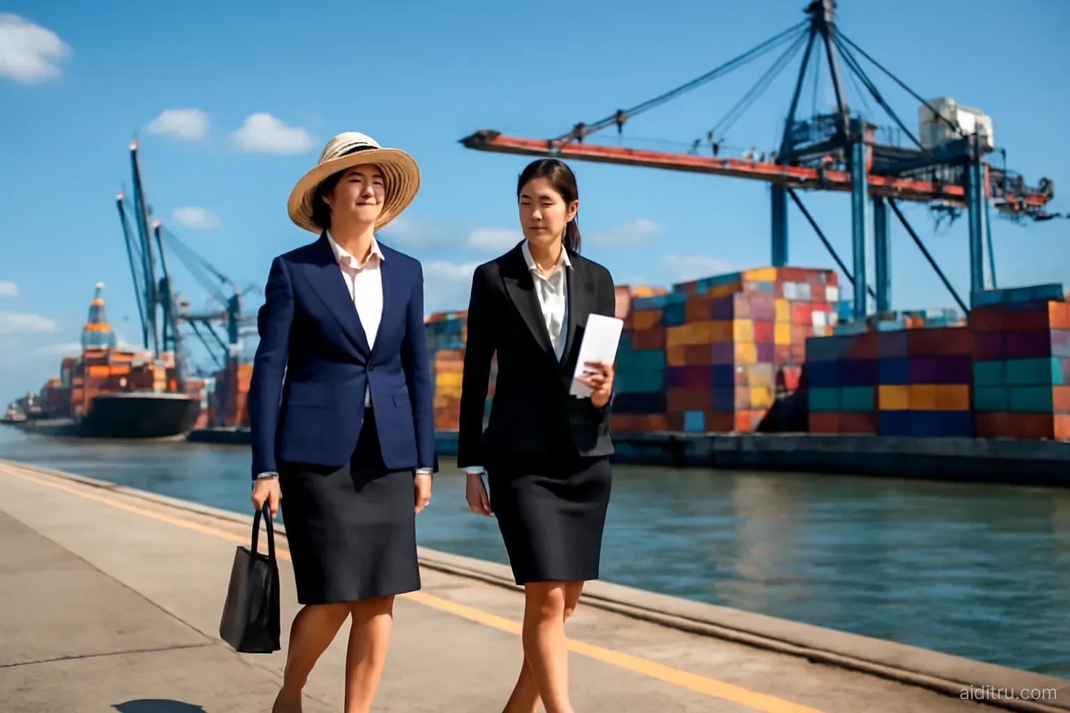 A busy sunny container port with colorful shipping containers and cranes, a Vietnamese businesswoman in a sun hat walking along the quay with a younger colleague, wide shot from a low angle, bright vivid colors, sunny