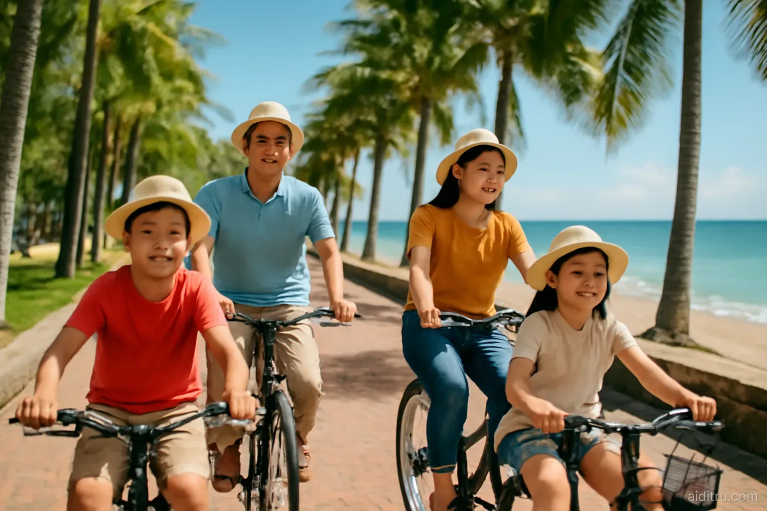 A Vietnamese family of four riding bicycles along a seaside promenade lined with palm trees on a tropical island, side tracking shot, bright vivid colors, sunny