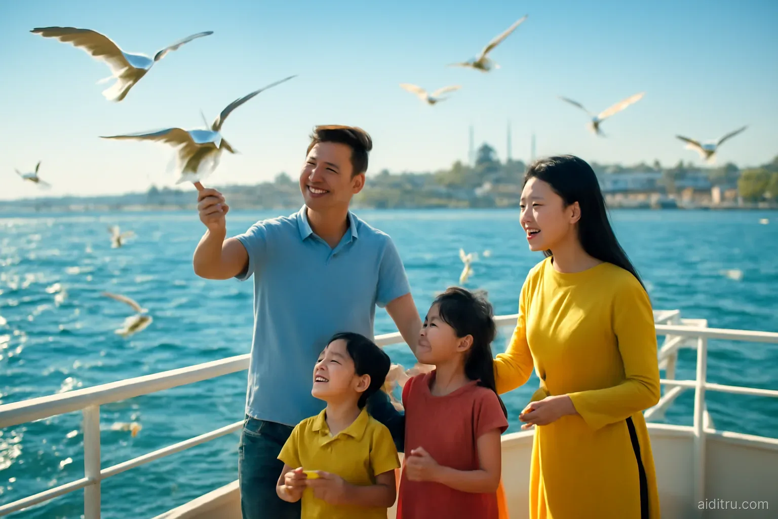 A Vietnamese family feeding seagulls from a ferry deck crossing a sparkling blue strait, domes and minarets on the distant shore, wide shot, bright vivid colors, sunny