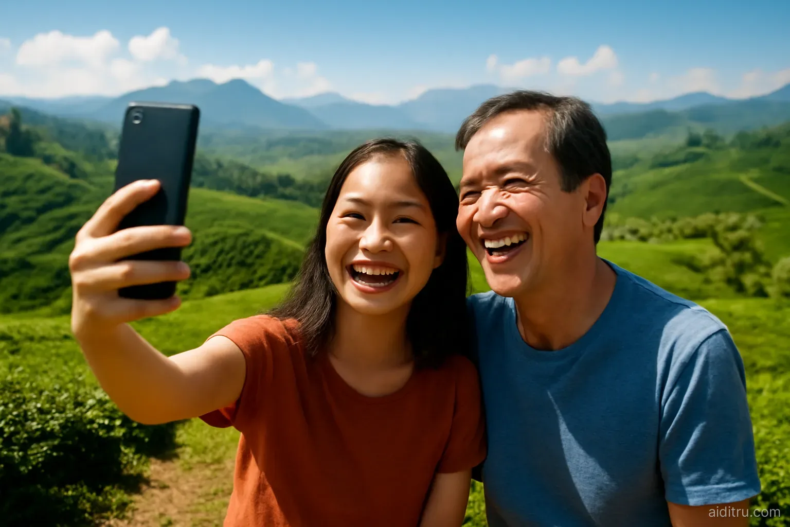 A teenage Vietnamese girl and her father laughing while taking a selfie on a sunny hilltop viewpoint above green tea plantations, mountains in the distance, wide angle, bright vivid colors, sunny