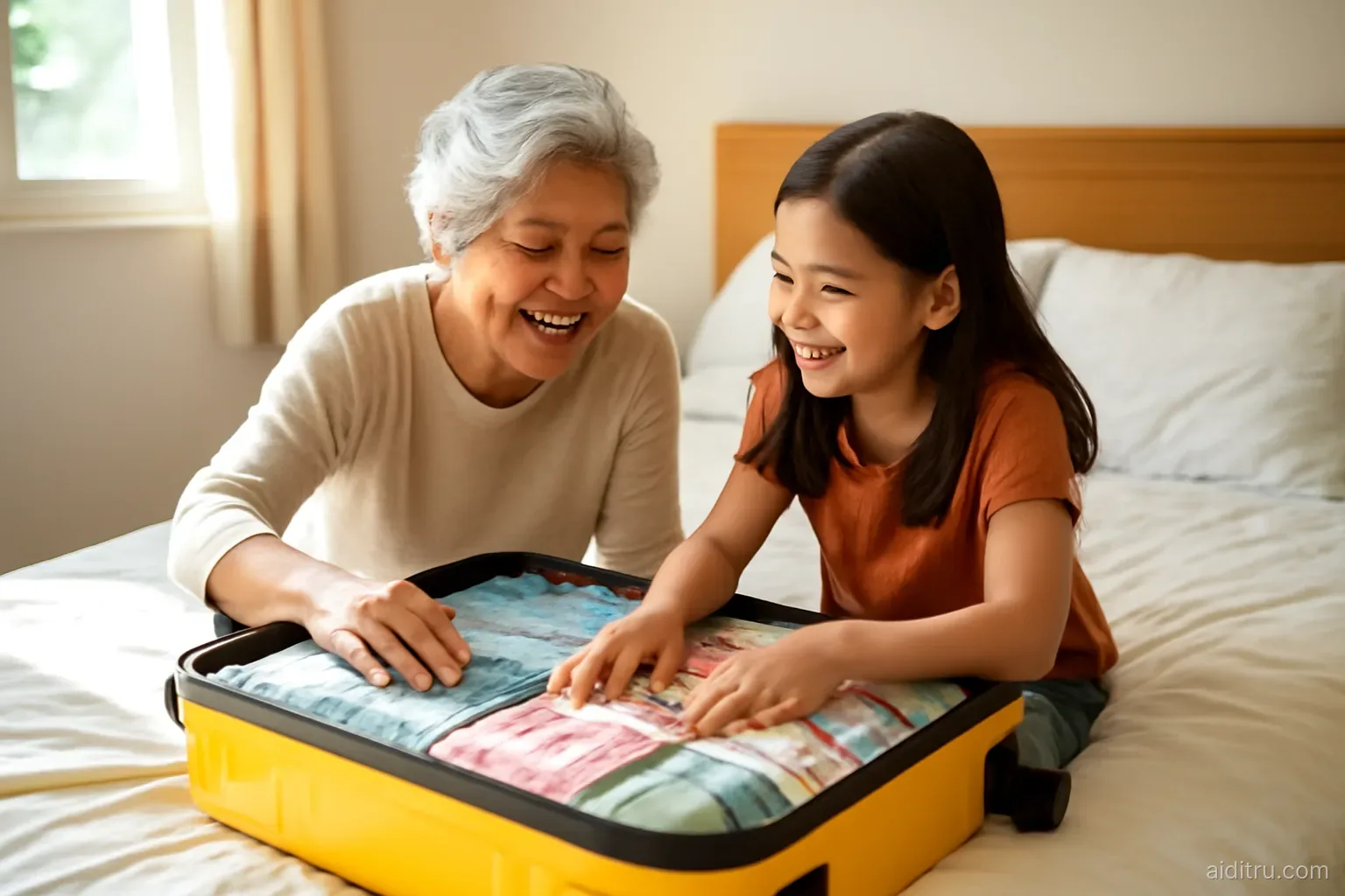 A cheerful Asian grandmother and granddaughter packing a bright yellow suitcase together on a sunlit bed in a cozy home bedroom, overhead angle, bright vivid colors, sunny