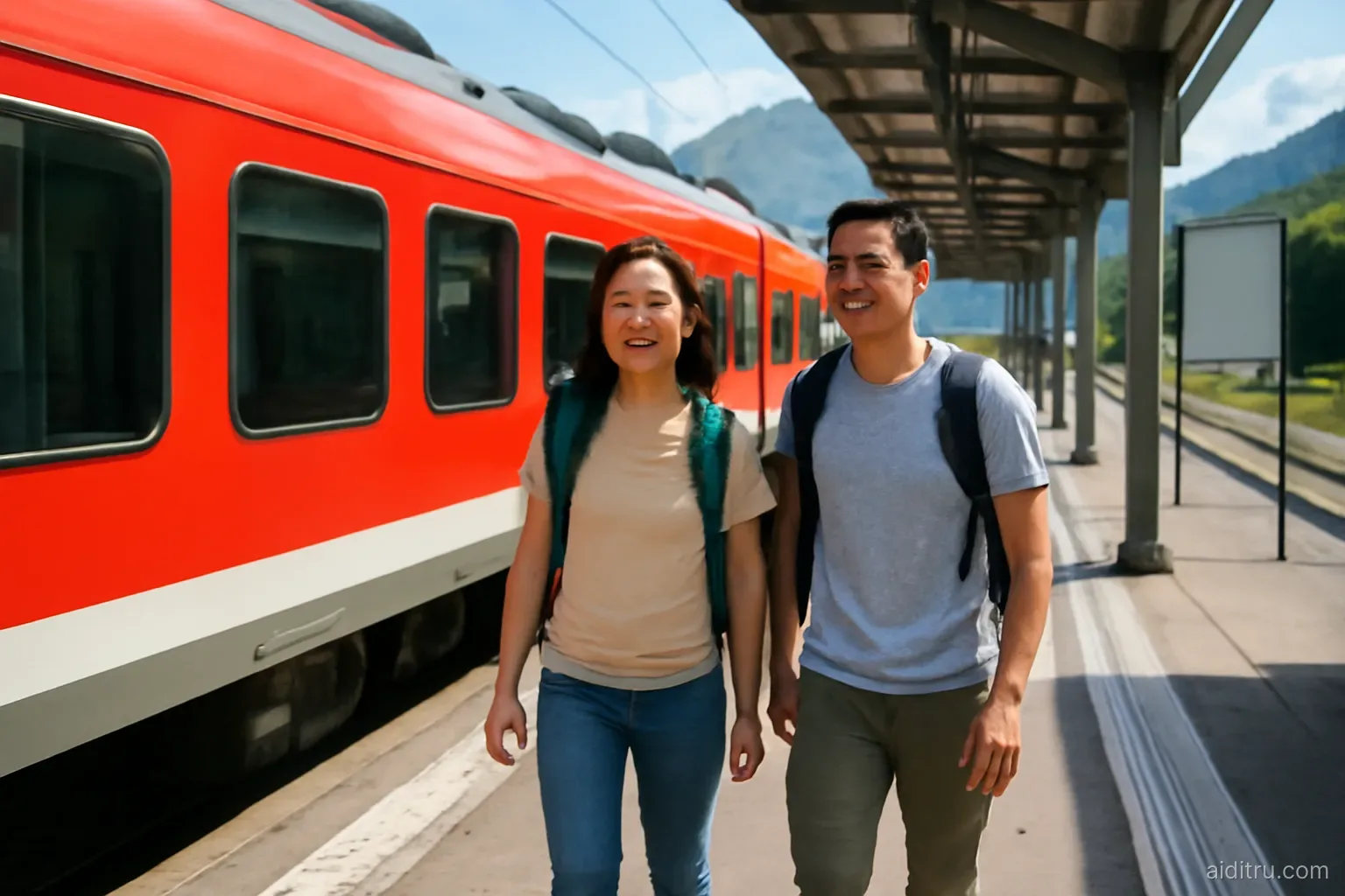 An Asian couple with backpacks walking along a mountain train platform beside a red regional train, wide shot from the platform end, bright vivid colors, sunny
