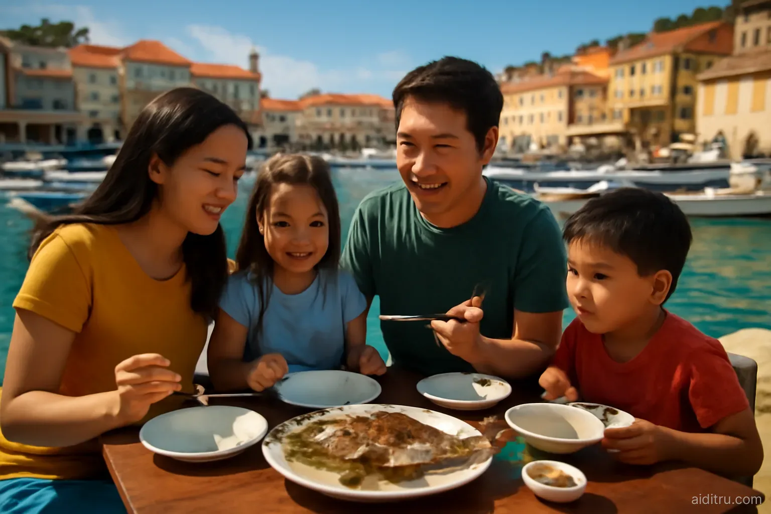 A Vietnamese family eating grilled fish at a waterfront table in a Balkan harbor town with red roofs and small boats behind, low angle, bright vivid colors, sunny
