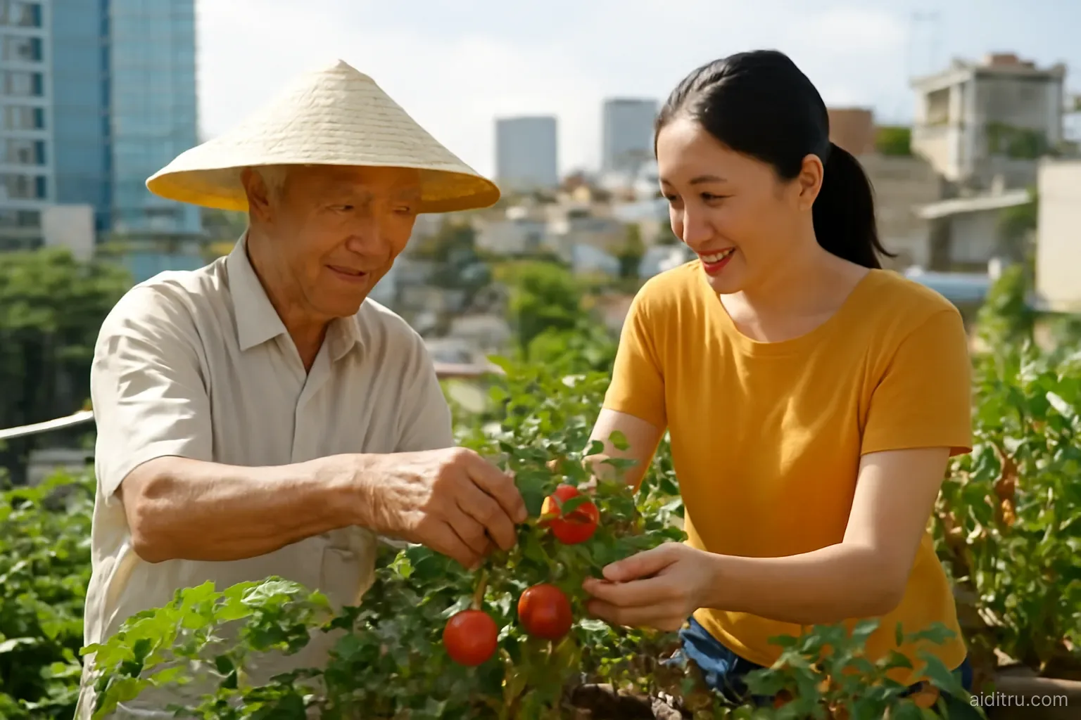 A Vietnamese grandfather and his adult daughter tending a sunny rooftop vegetable garden full of tomato plants and chili pots above a busy city street, medium side shot, bright vivid colors, sunny