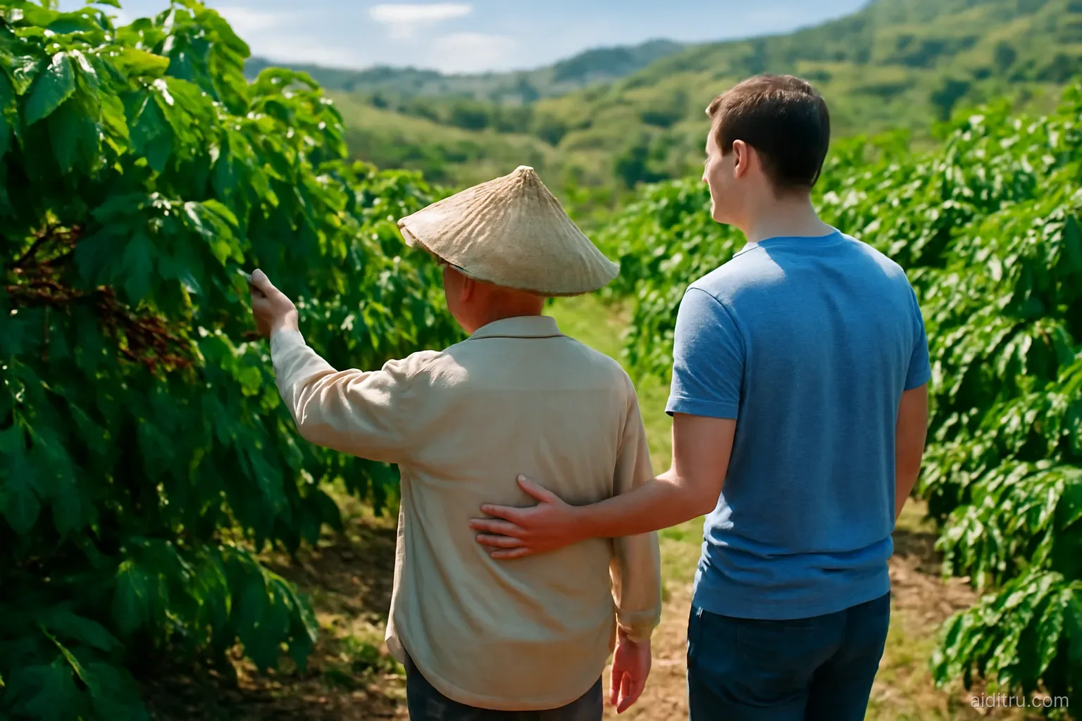 An elderly Vietnamese man and his overseas grandson walking through a sunny green coffee plantation on rolling hills near Da Lat, grandfather pointing at the ripening red coffee cherries, wide shot from behind, bright vivid colors, sunny