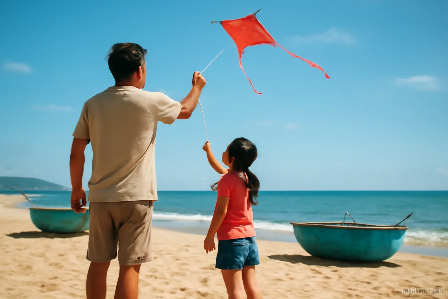 A Vietnamese father in his forties teaching his young daughter to fly a red kite on a wide sunny beach in central Vietnam, fishing basket boats on the sand, low angle from behind, bright vivid colors, sunny