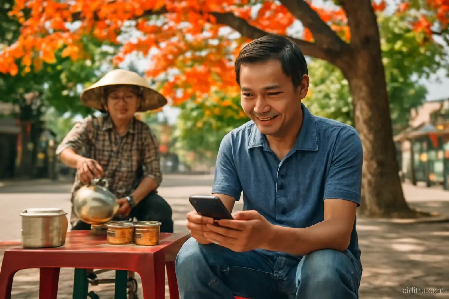 A middle-aged Vietnamese man sitting on a low stool at a sidewalk tea stall under a big flame tree, scrolling his phone with a calm smile while a vendor pours tea, eye-level shot, bright vivid colors, sunny