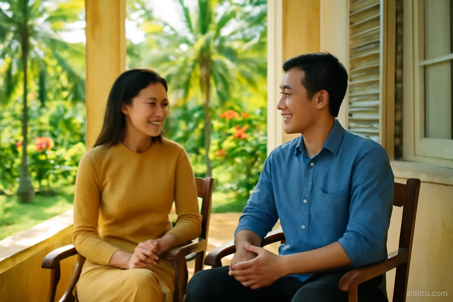 A relaxed Vietnamese couple talking with each other on a shaded veranda of a colonial house overlooking a sunny tropical garden with palm trees and hibiscus, eye-level shot, bright vivid colors, sunny