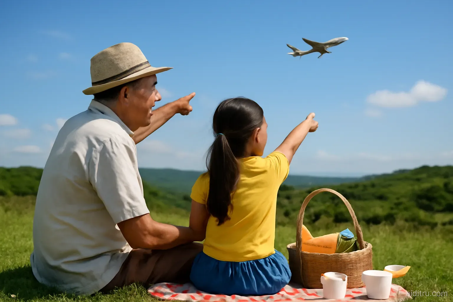 A Vietnamese grandfather and granddaughter on a grassy hilltop picnic pointing at a jet crossing the blue sky, wide shot from behind, bright vivid colors, sunny