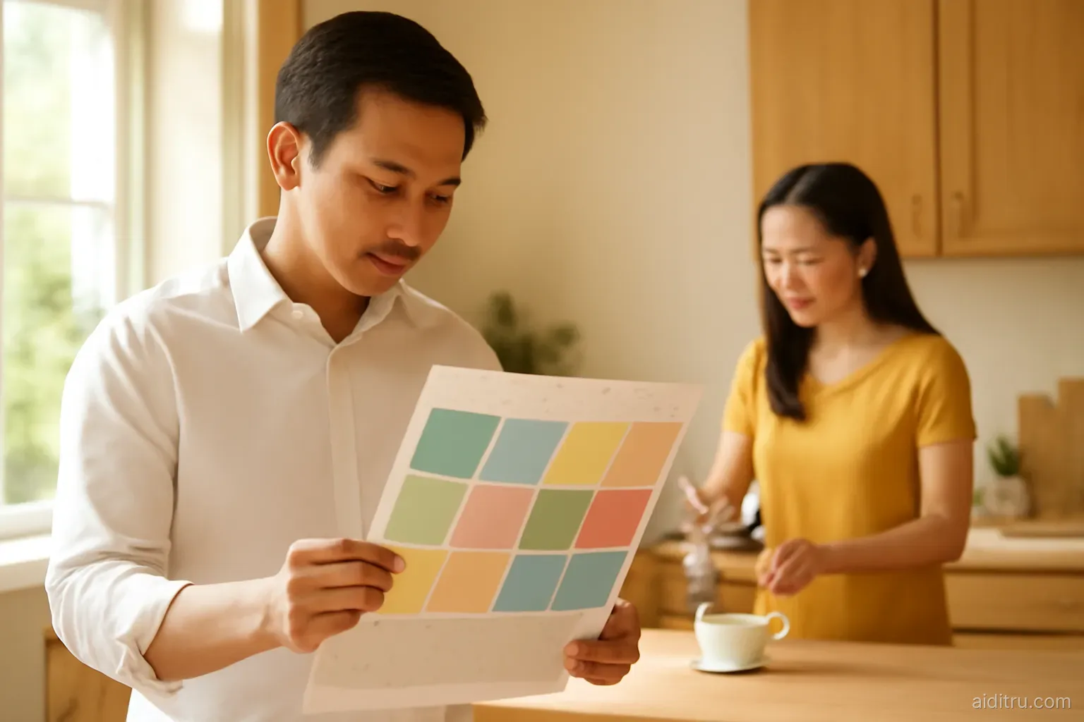 A Vietnamese businessman in a white shirt flipping through a large wall calendar with colorful blank squares in his sunny home kitchen, his wife pouring tea at the counter, medium shot, no readable text, bright vivid colors, sunny