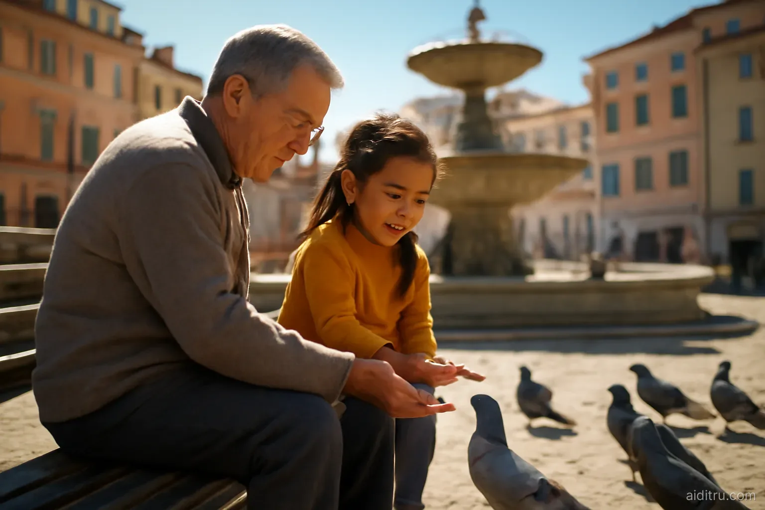 An Asian grandfather and granddaughter feeding pigeons in a sunny European plaza with a fountain and pastel buildings, low angle from behind the bench, bright vivid colors, sunny