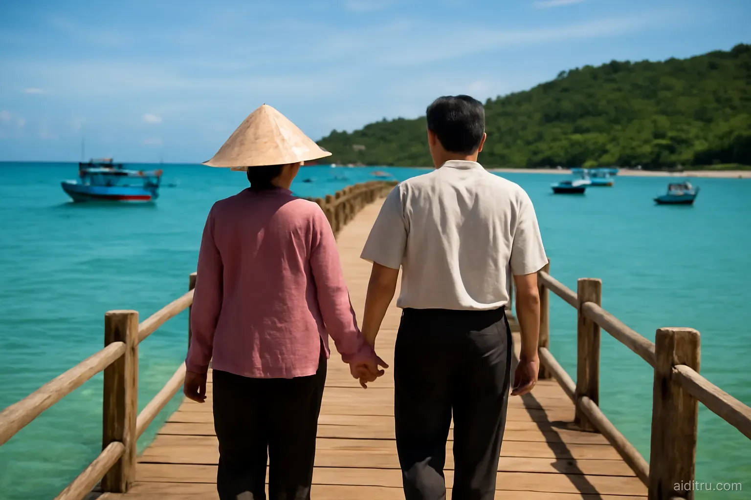 A Vietnamese couple in their fifties walking along a long sunny wooden pier toward a calm turquoise bay with fishing boats on a Caribbean island, seen from behind, wide shot, bright vivid colors, sunny