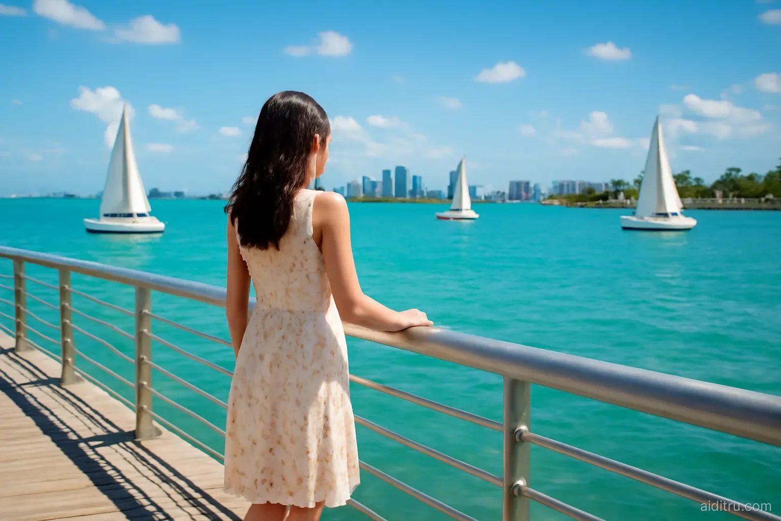 An Asian businesswoman in a summer dress on a Miami waterfront boardwalk watching sailboats on a turquoise bay, wide shot from behind, bright vivid colors, sunny