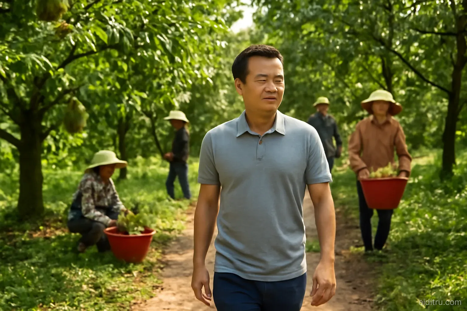A Vietnamese businessman in a polo shirt walking through a lush durian orchard while workers harvest fruit, wide angle from the path, bright vivid colors, sunny