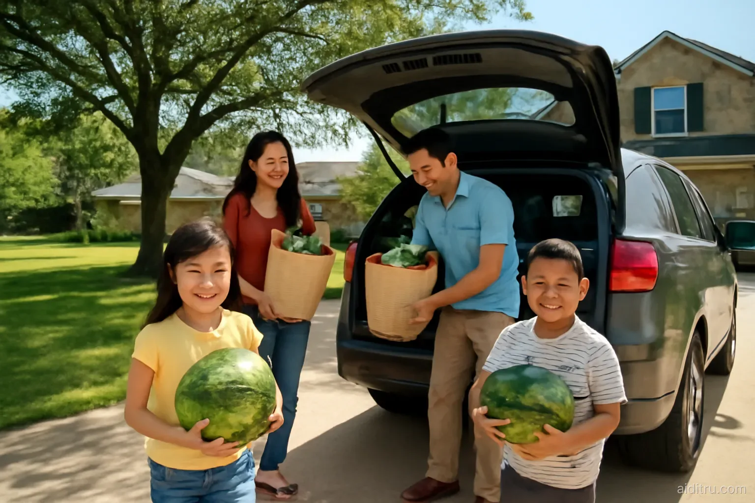 A Vietnamese family of four unloading groceries from a car in the sunny driveway of a suburban house in Texas with a big oak tree and green lawn, kids carrying watermelons, wide shot from the sidewalk, bright vivid colors, sunny