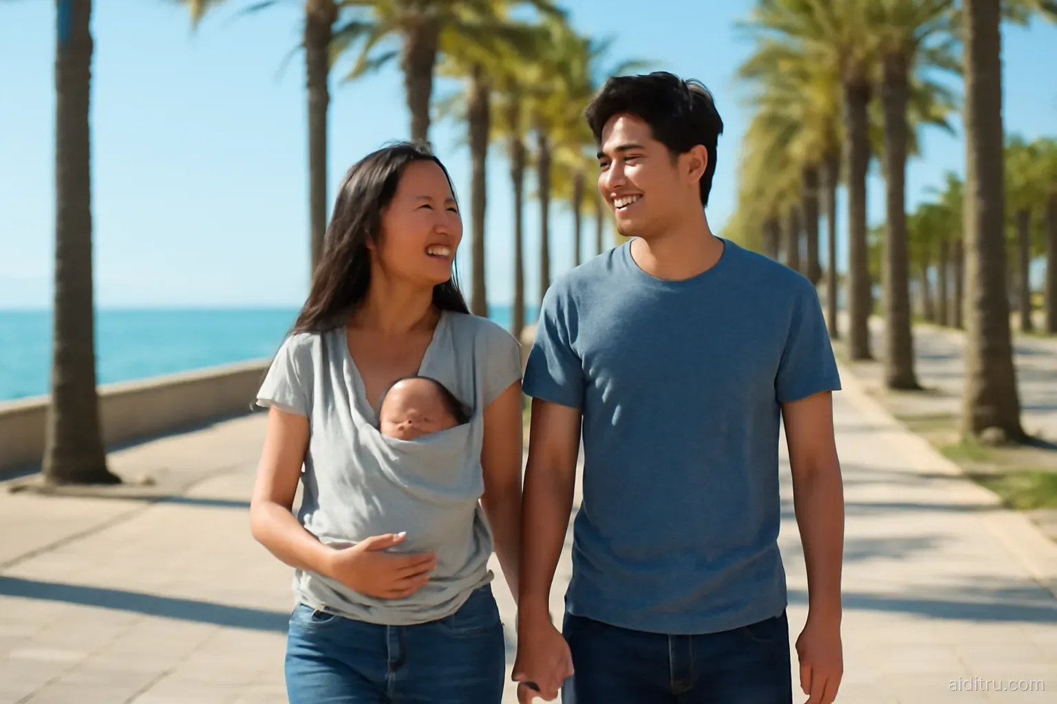 A young Asian couple with a newborn in a sling walking a seaside promenade lined with palm trees, wide side shot, bright vivid colors, sunny