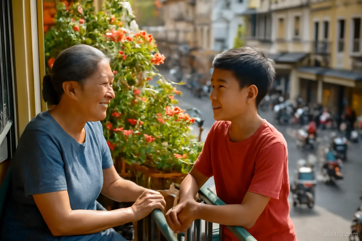 An Asian grandmother and grandson chatting on a balcony full of flowering plants above a busy Vietnamese street of motorbikes, side angle, bright vivid colors, sunny