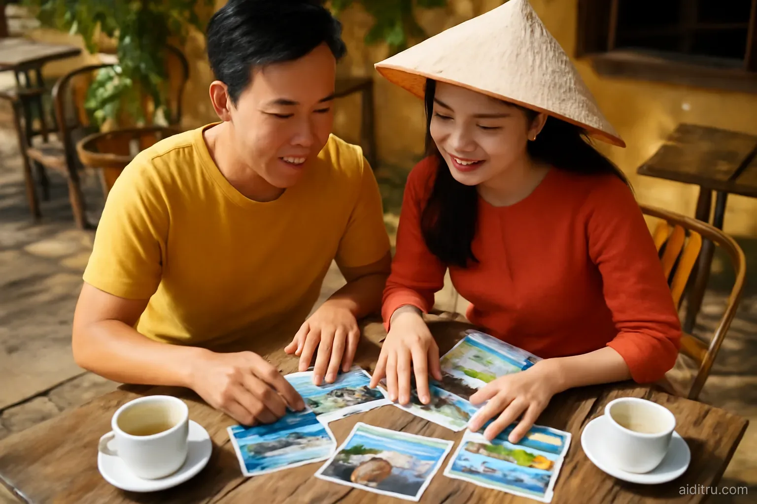 A Vietnamese couple at a sunny Hanoi cafe terrace spreading travel photos across a wooden table while planning a trip, overhead angle, bright vivid colors, sunny