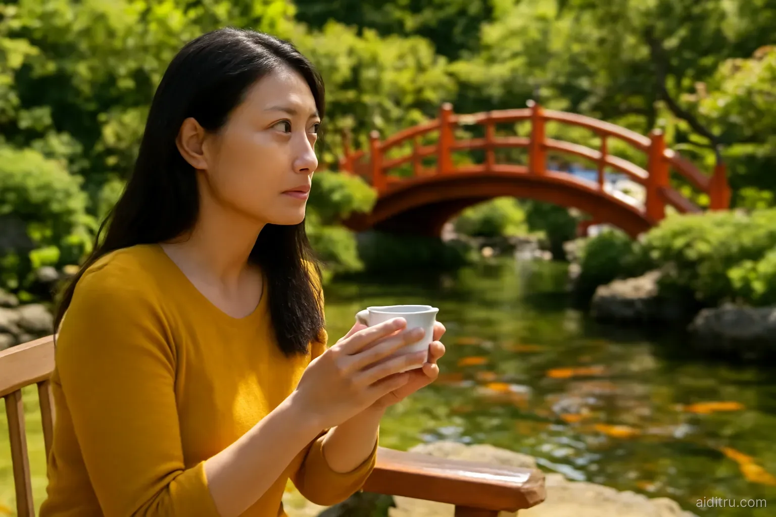 A Vietnamese woman in her thirties sitting on a sunny wooden bench in a Japanese garden with a red arched bridge and koi pond, looking thoughtful while holding a cup of tea, medium side shot, bright vivid colors, sunny