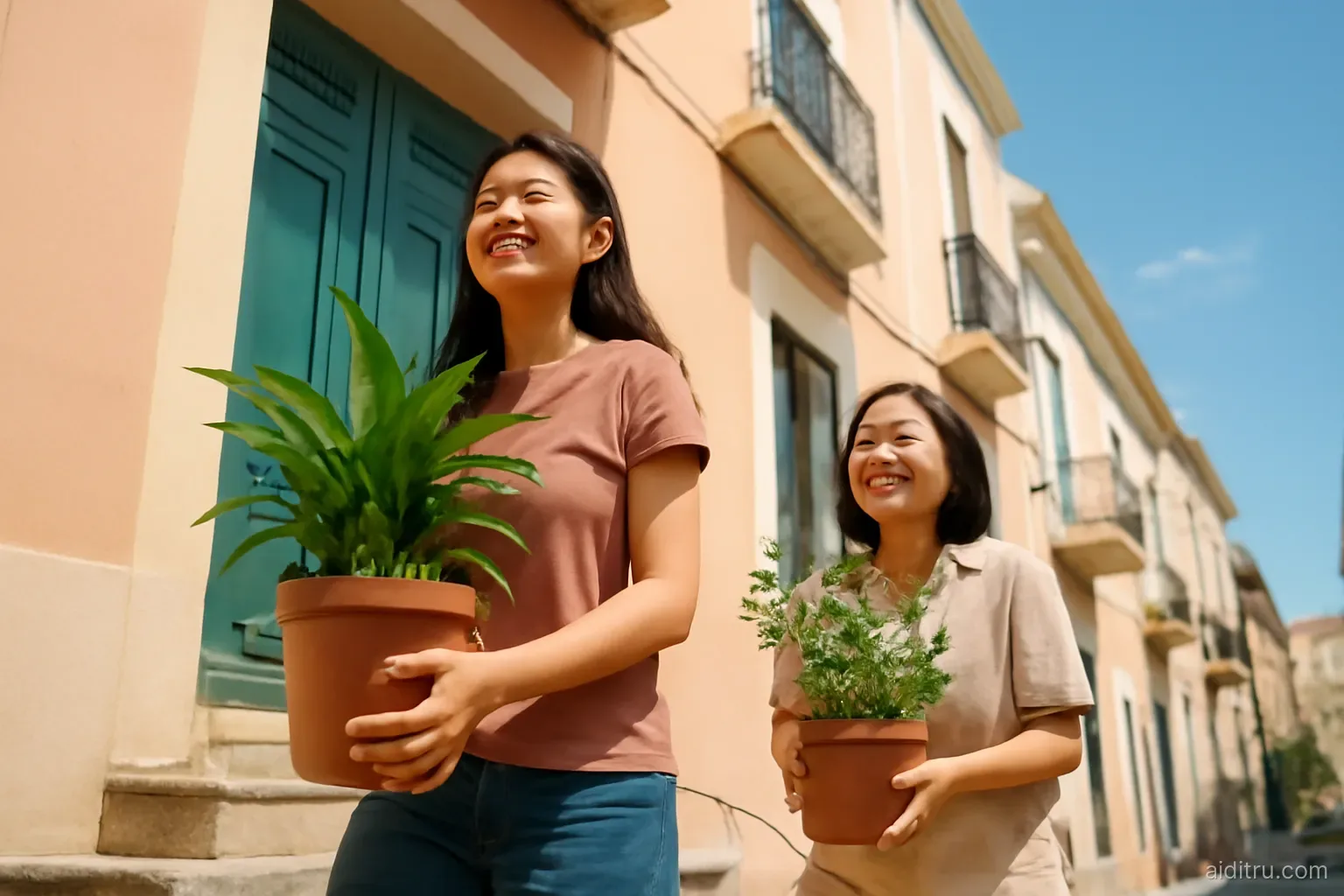 An Asian mother and her grown daughter carrying potted plants up the steps of a pastel apartment building on a Southern European street, shot from below, bright vivid colors, sunny