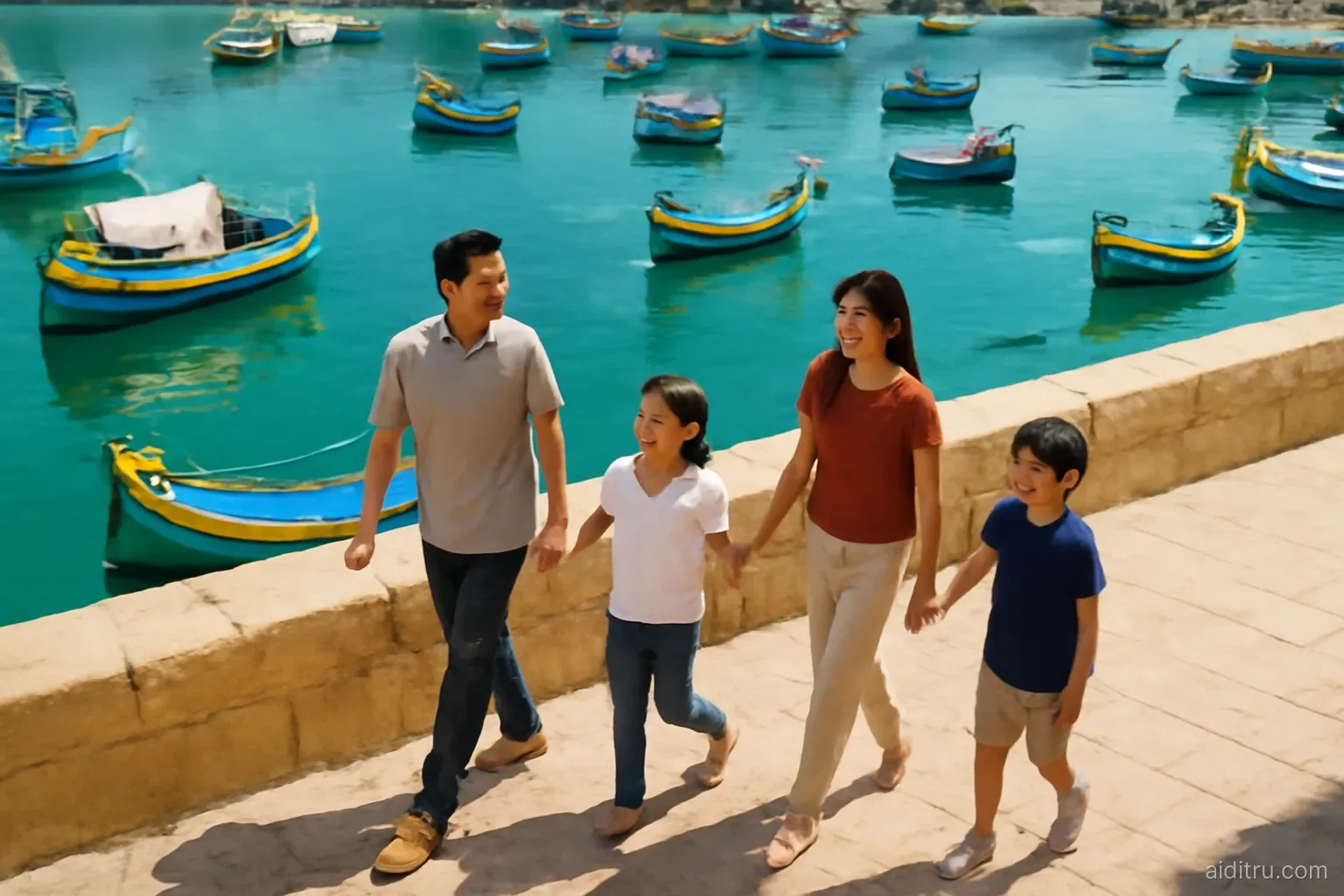A family of four from East Asia strolling along the honey-colored stone harbor walls of Valletta with colorful fishing boats bobbing below, drone view from above, bright vivid colors, sunny