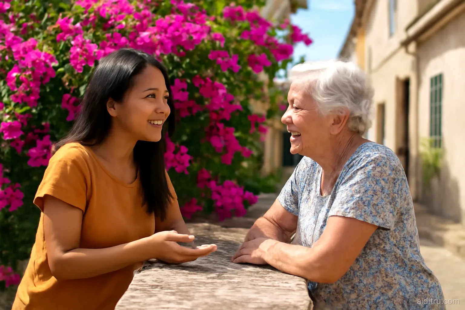 A Vietnamese woman chatting with a smiling elderly neighbor over a bougainvillea-covered garden fence in a Mediterranean village, medium shot, bright vivid colors, sunny