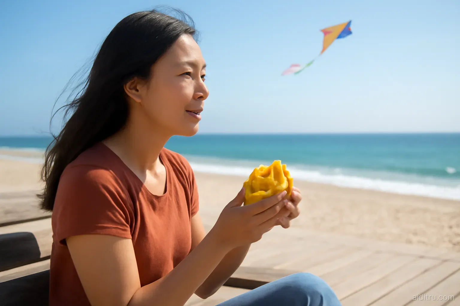A Vietnamese woman in her thirties sitting on a sunny beach boardwalk bench eating a mango, looking at the sea with a calm hopeful expression, a kite flying above, side angle, bright vivid colors, sunny